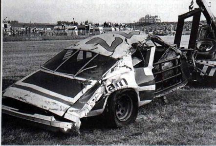 Wreck of Dale Earnhardt's car from the rear.
