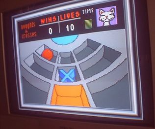 Gameplay screenshot of Noughts & Crosses. The player is playing against the character Purr Gurina, the medium difficulty.