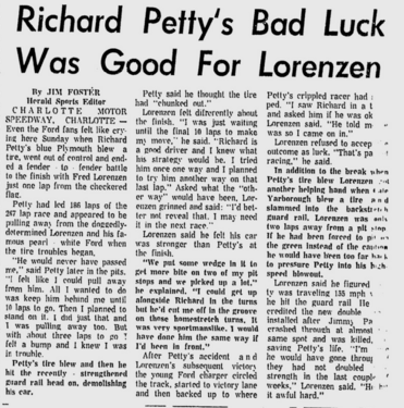 Spartanburg Herald reporting on Lorenzen's win and his and Petty's comments.