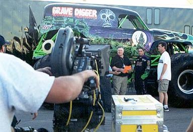The only on-set picture ever released. Pictured is Ray Henry, Charlie Mancuso, Ken Hudgens, and an unidentified actor, who is wearing the Grave Digger fire suit (Credit to Eric Stern for the image).