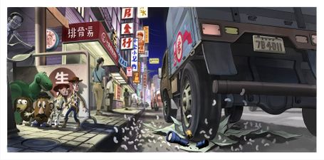 Concept art for the toys exploring the streets of Taiwan by Jim Martin.