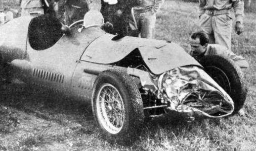 Marimón's Maserati following the last corner collision.