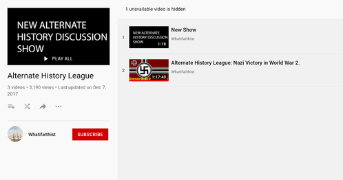 Alternate History League playlist, with the second episode said to be private on the top.