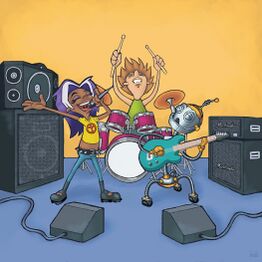 A concept illustration of Crash the Robot playing the guitar.