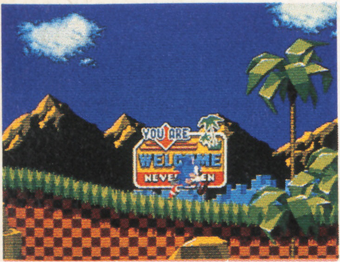 A peculiar "Welcome" sign is spotted (presumably at the beginning of the level), though the poor quality photograph renders it unreadable. It is thought to say "You Are Welcome Sega Sonic", and has a picture of a palm tree in the top right-hand corner.