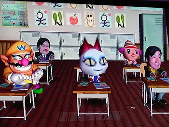 Screenshot of the game featuring Wario (in his Super Mario Bros. appearance) and Animal Crossing characters.