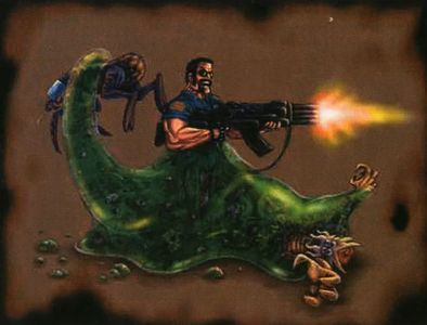 A piece of concept artwork depicting Angus using his powers to defeat enemies while wielding a gatling cannon.