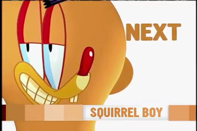 Screenshot of the Squirrel Boy Up Next Bumper.