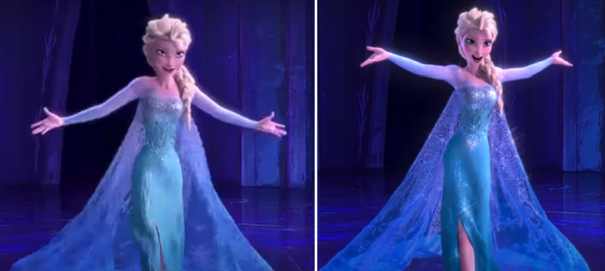 A comparison of a screenshot from an early Japanese trailer (left) and the final film (right). Notice the menacing pose on the left Elsa.