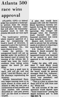 Wilmington Star-News reporting on the Atlanta 500 being kept following a bankruptcy petition.