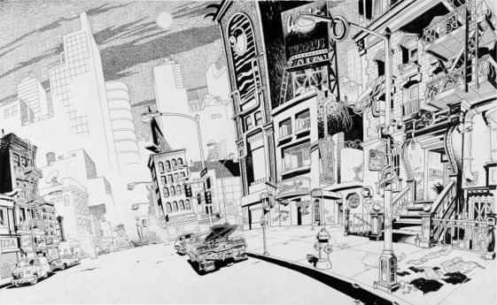 A cityscape for the comic prop drawn by Spain Rodriguez.