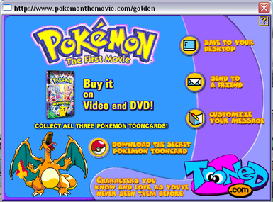 A screenshot of the Charizard Tooned Card end-screen, in which mentions the Secret Pokémon e-card which is still lost.