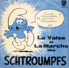 Front cover of "Le Vals et La Marche Des Schtroumpfs" featuring a Smurf singing the 1960s' show's theme song.