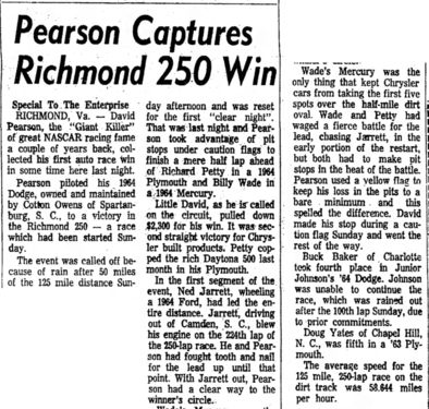 The High Point Enterprise reporting on Pearson winning the race.