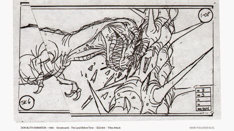 One of the uncut "T-Rex [Sharptooth] Attack" storyboards. The rest can be found on Mark Pudleiner's blog, located in the References section.