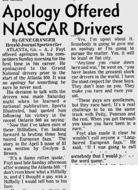 Spartanburg Herald reporting on Foyt apologising to the other drivers prior to the race.