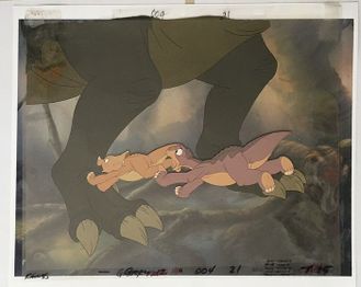 Littlefoot, and Cera run for cover. (The cell's background shown here is inaccurate and was taken from a different scene)