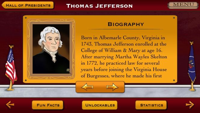 A screenshot of the Hall of Presidents, showing the biography of Thomas Jefferson. The bottom features the Unlockables, Fun Facts, and Statisics pages of the Hall of Presidents.