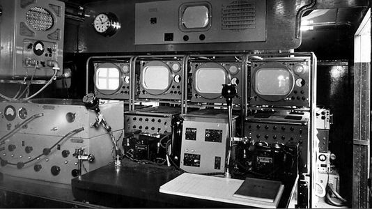 EMI mobile television control room used to capture swimming and diving events at the Empire Pool.