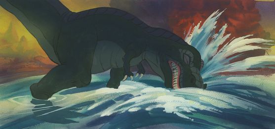 This color key shows what happens next; after landing, Sharptooth attempts to snatch up Ducky in his jaws.