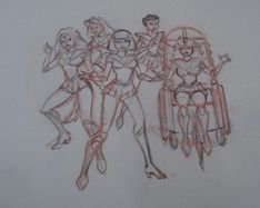 Pencil rendering of a group shot of the Sailor Scouts, possibly from a pre-animation pencil test.