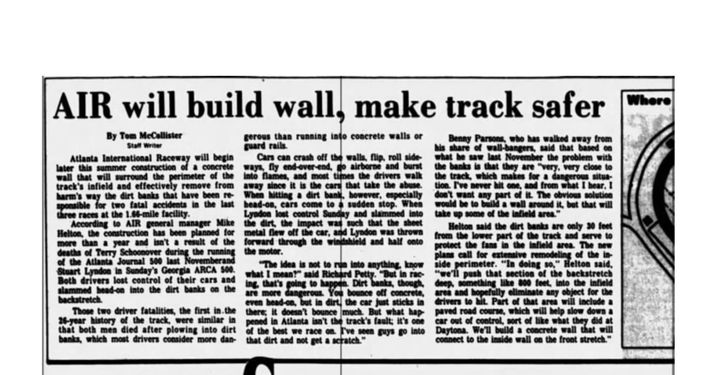 Newspaper clipping reporting on Atlanta replacing the dirt bank with a concrete wall.