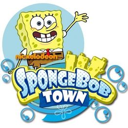 A promotional image of the SpongeBob Town logo, showing SpongeBob standing behind it.