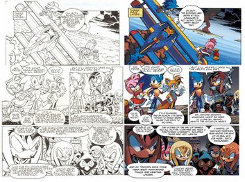 Examples of rewritten dialogue in Sonic The Hedgehog #243. All references to Albion, Knuckles' Ancestors, and Enerjak were removed.
