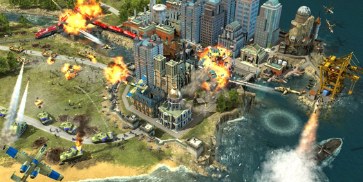 The first screenshot seems to depict a modern-day city under attack by enemy forces.
