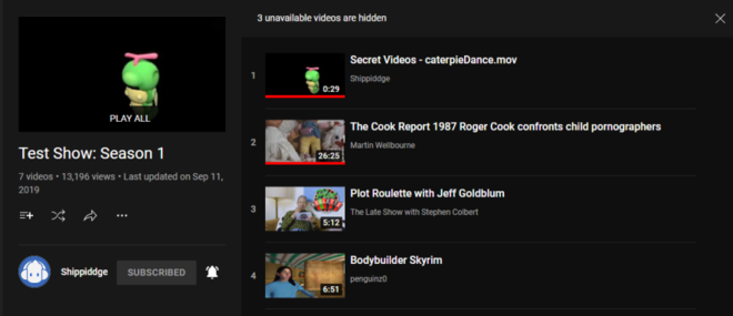A screenshot of one of Shippiddge's playlists where "Secret Videos - caterpieDance.mov" was found.