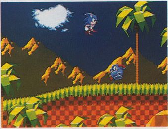 Sonic in midair with his running sprite. It is unclear whether Sonic is jumping or was hit by the enemy, since in the final game, Sonic always goes into a ball when jumping and has a unique sprite for when he takes damage.